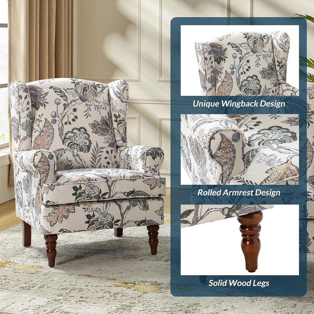 Wingback Accent Chair with Retro Wood Legs, Traditional Fabric Armchair Bedroom, Comfy Upholstered Single Sofa Chair
