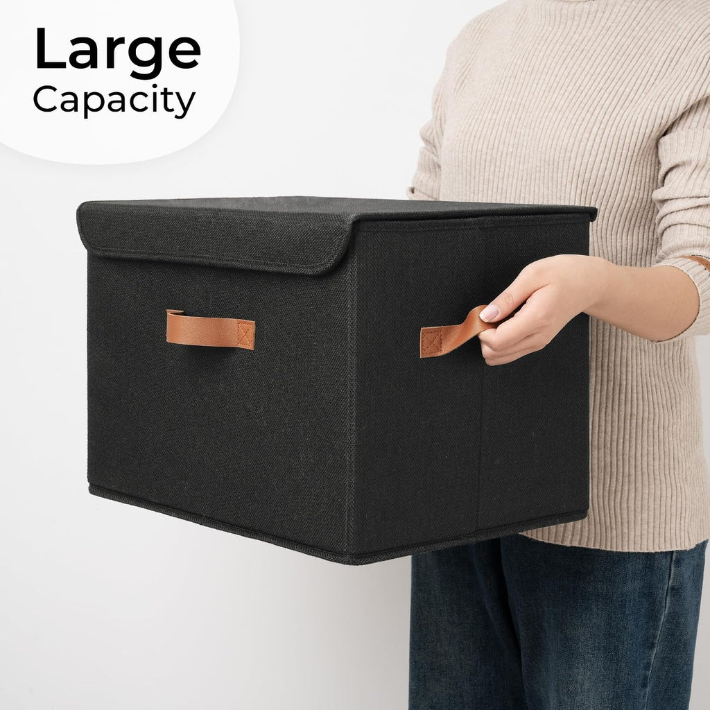 Black Storage Bins with Lids, Decorative Storage Boxes with PU Handles, Linen Closet Organizer, Storage Baskets for