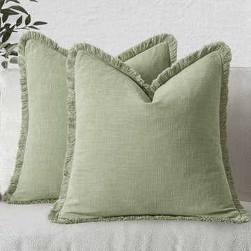 Linen Fringe Decorative Euro Throw Pillow Covers Sage Green 22x22