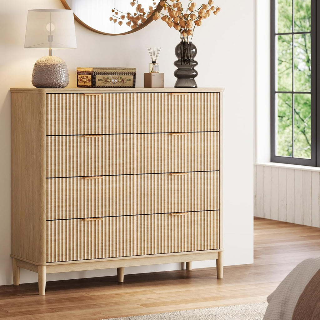 Fluted Dresser with 8 Drawers, 47" Wide Mid Century Modern Dressers, Tall Boho Chest of Drawers, Large Wood Accent