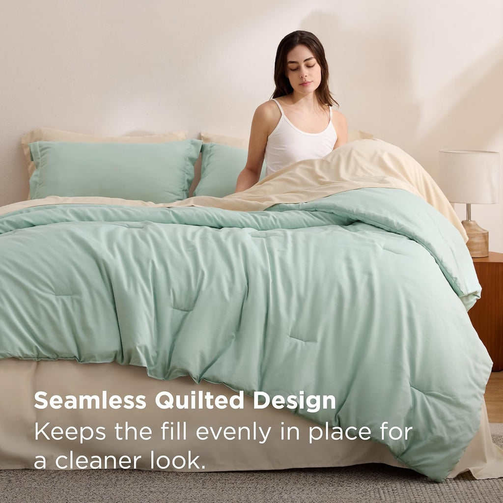 Comforter Set - 7 Pieces Sage Green Bedding Set for All Seasons