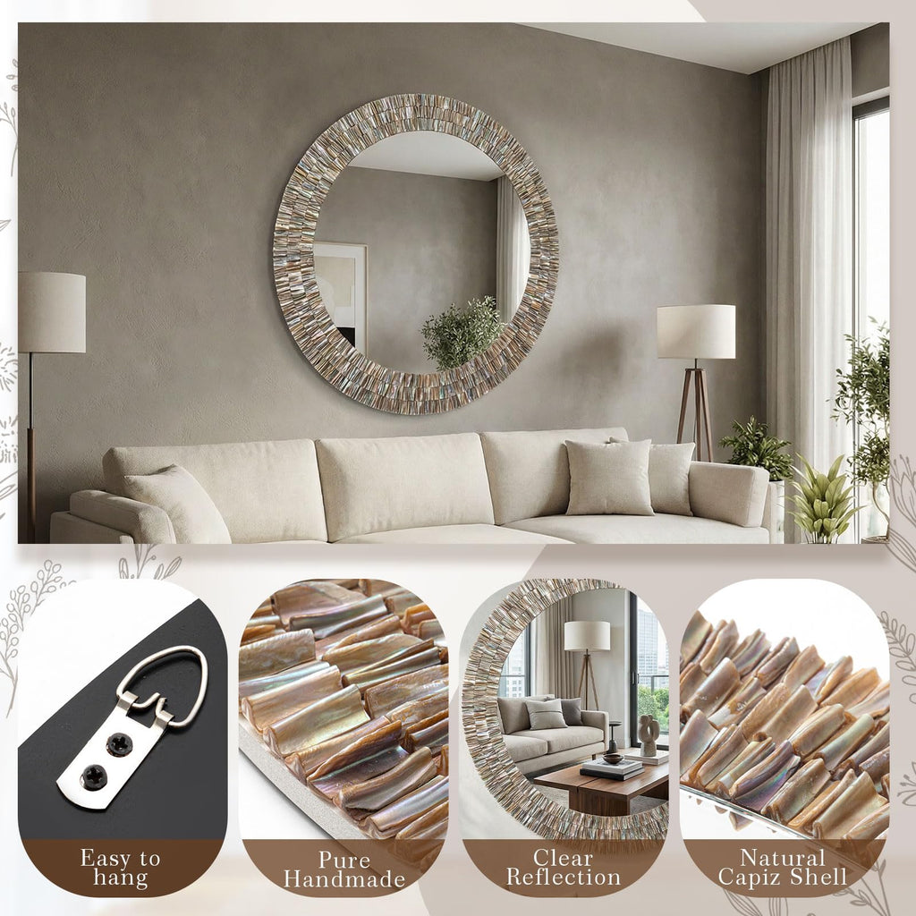 Large 24 Inch Round Capiz Shell Mirror Coastal Seashell Wall Decor
