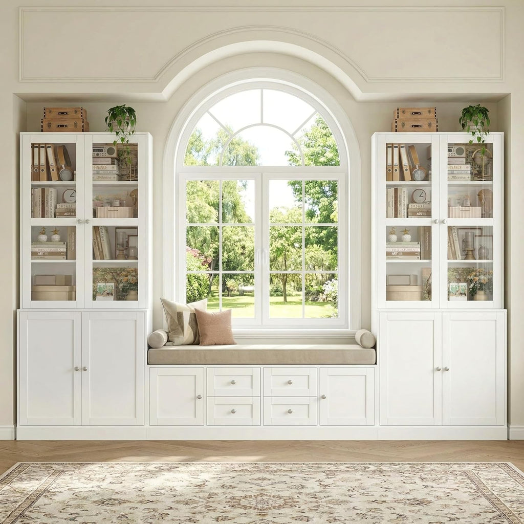 73.2" Tall Bookcase with Glass Doors, 6-Tier Book Shelf with Adjustable Shelf, Tall Bookshelf with Storage Cabinet