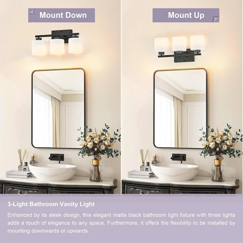 Bathroom Light Fixtures Black, 3-Light Vanity Lights Over Mirror | Modern Bathroom Vanity Light, Frosted Shades