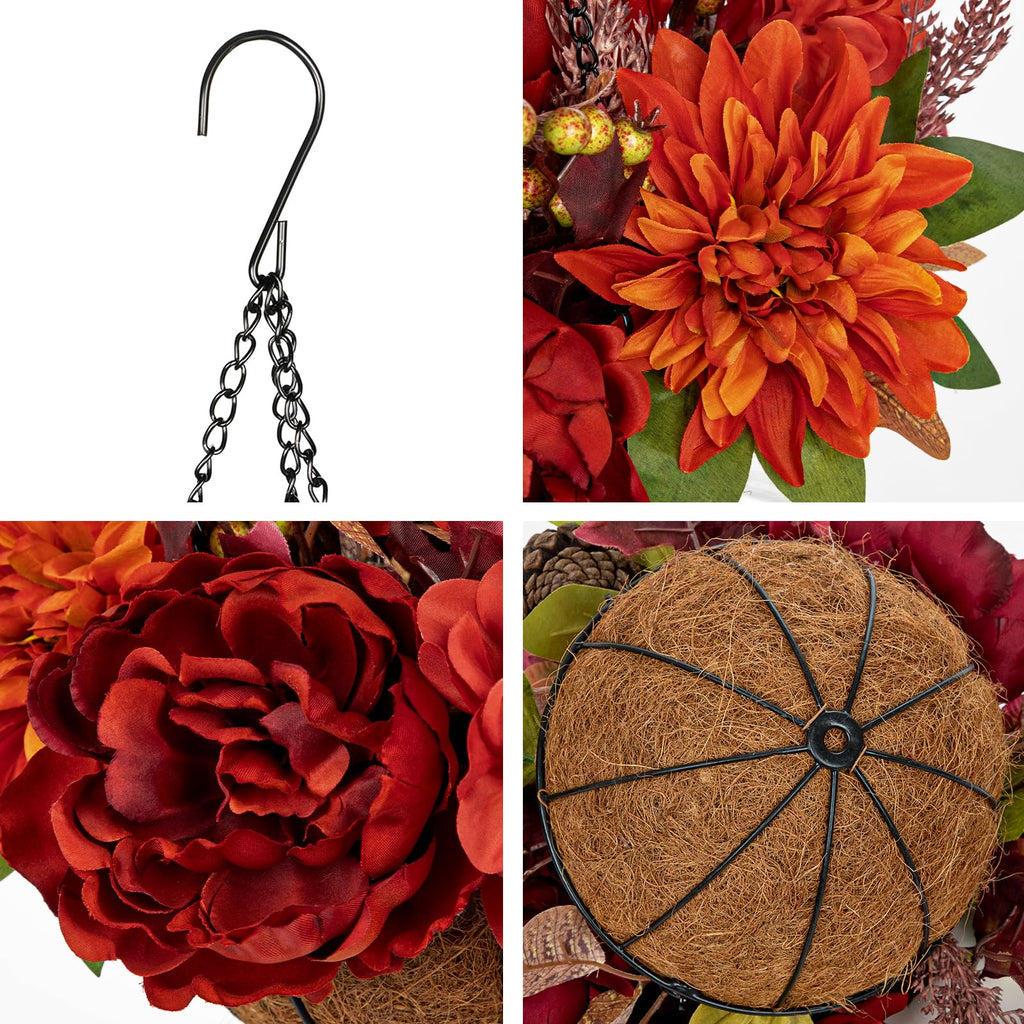 13" Fall Hanging Baskets Medium Peonies Dahlia Artificial Fall Hanging Decor Fake Flower Red Orange Faux Plants