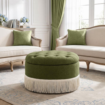 24" Round Ottoman with Storage, Fringe Tufted Ottoman Footstool, Green
