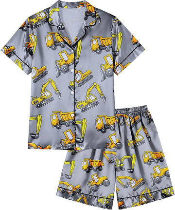 Boys Pajamas Little Boys Satin PJS Set Short Sleeve Button Down Kids Silky Pajama Lounge Sleepwear