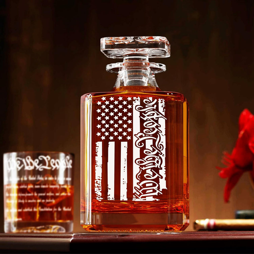 Whiskey Decanter Engraved We The People American Flag Decanter Set with 2 Glasses for Liquor Scotch Bourbon or Wine