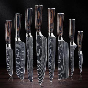 8-piece Premium Japanese Kitchen Knife Set with Laser Damascus Pattern - Imperial Collection - Chef's Knife, Santoku