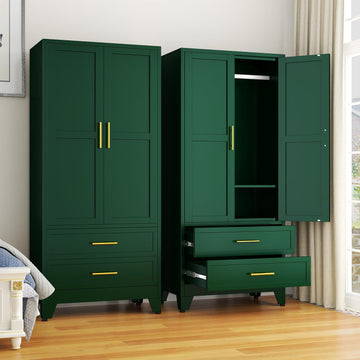 71" Wardrobe Cabinet with 2 Doors, 1 Adjustable Shelf and 2 Drawers | Metal Clothing Storage Cabinets with Hanging