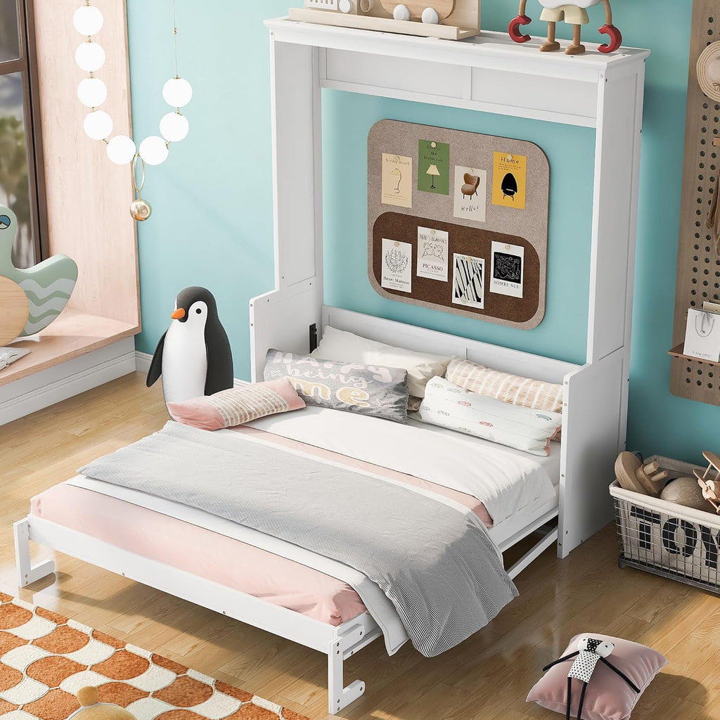Queen Murphy Bed with Desk, Wood Hideaway Wall Bed Cabinet with Storage Shelves, Space-Saving Vertical Murphy Bed