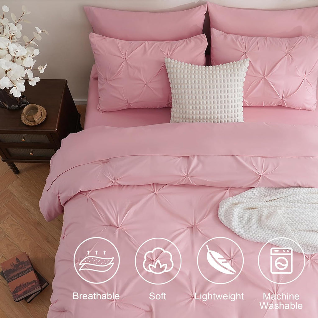 7 Pieces Pink Comforter Set, Pintuck Pinch Pleat Bed in a Bag