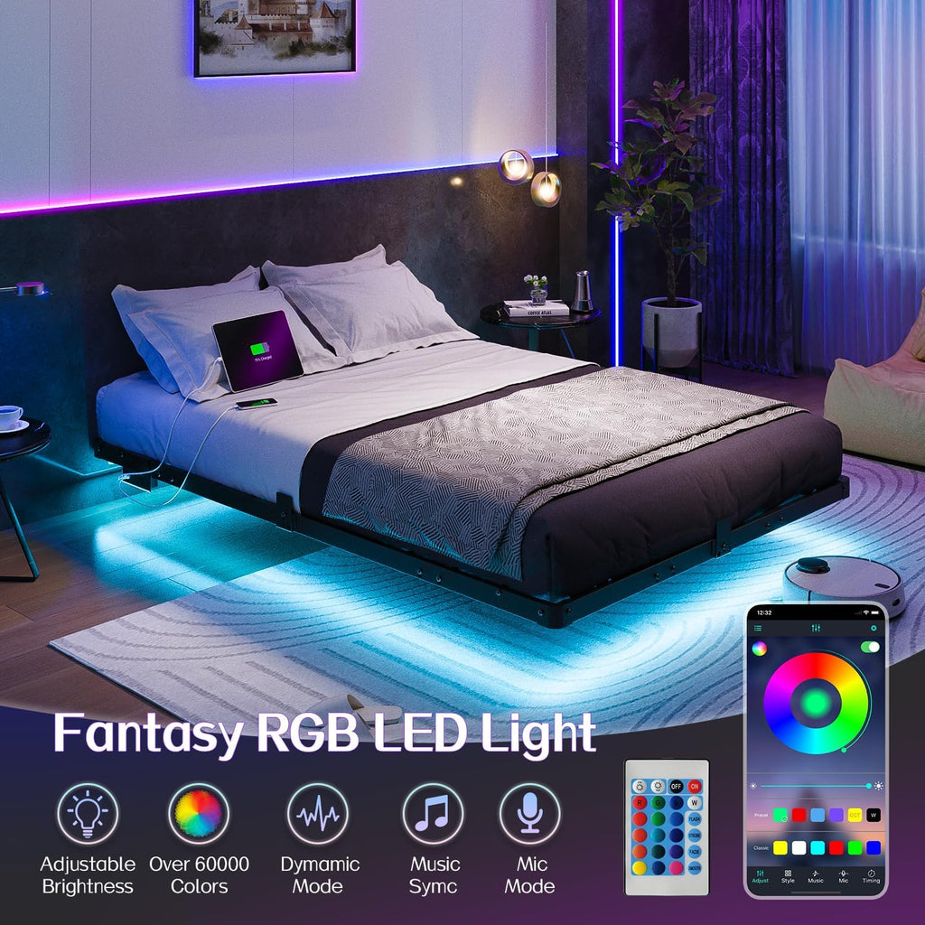 Full Modern Floating Bed Frame with Smart LED Lights, USB Charging Station, Sturdy Metal Platform