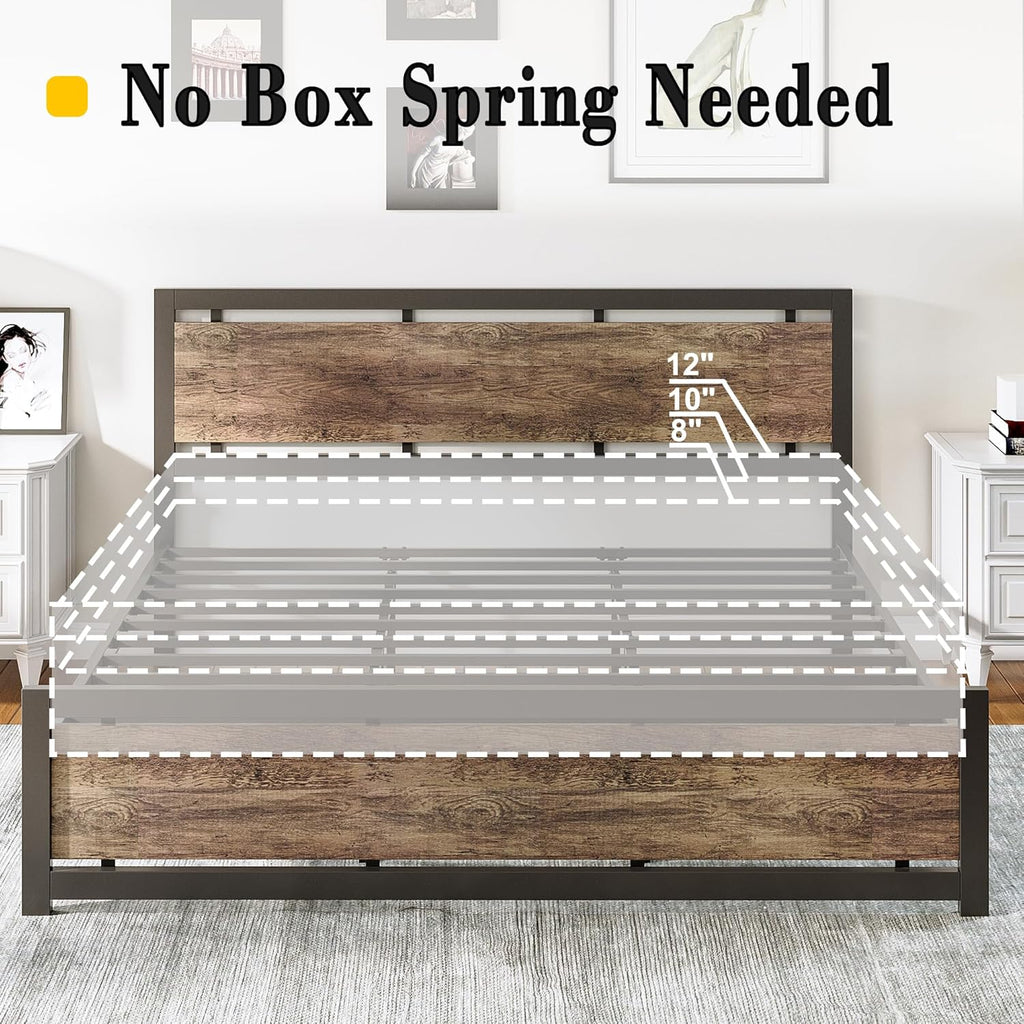 King Bed Frame with Headboard and Footboard, Metal Strong Supports, Easy Assembly, Noise-Free, No Box Spring Needed