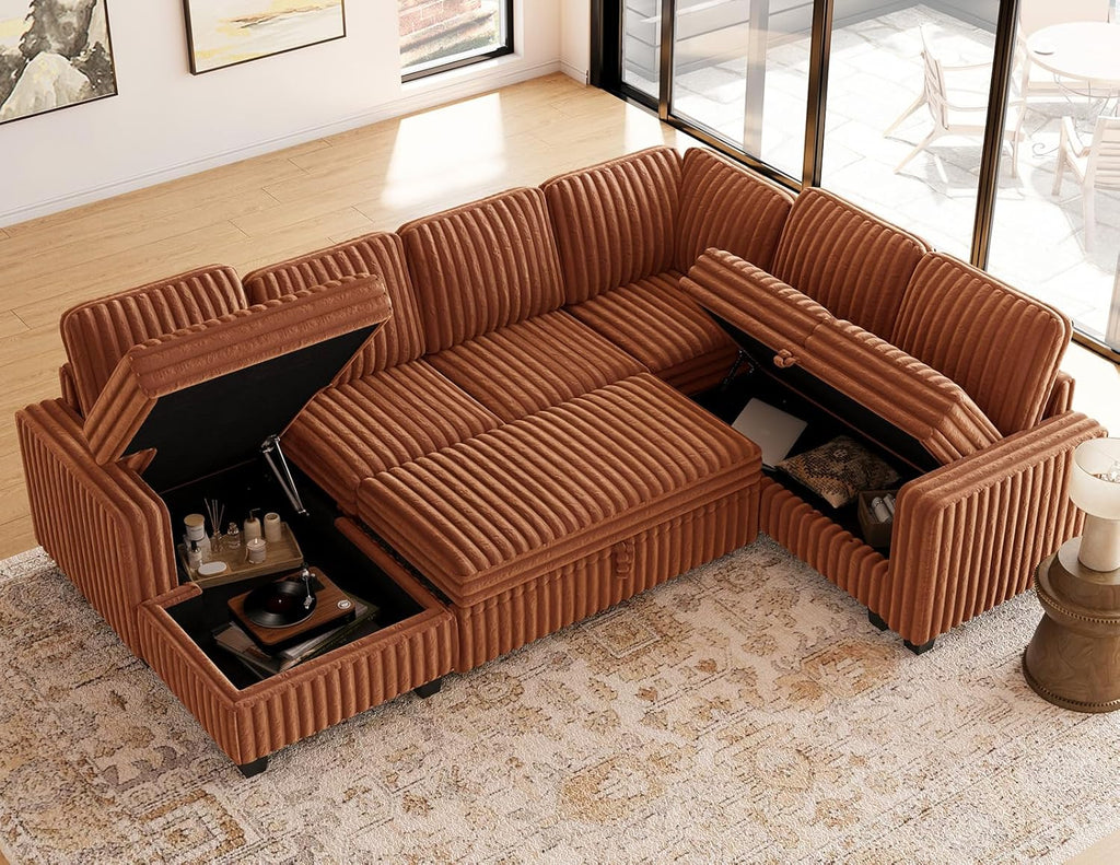 Corduroy Sleeper Sofa Bed with Storage Chaise Modular Sectional Sofa Couch with Pull Out Bed L Shaped