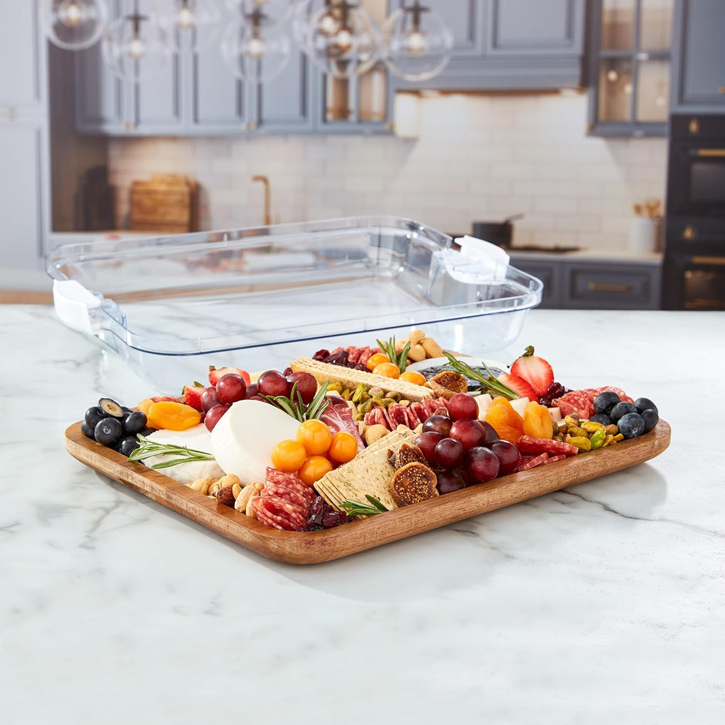 Acacia Wood Cutting Board with Clear Locking Lid, 11x14 Inch Charcuterie Board with Compartments, Reversible Serving