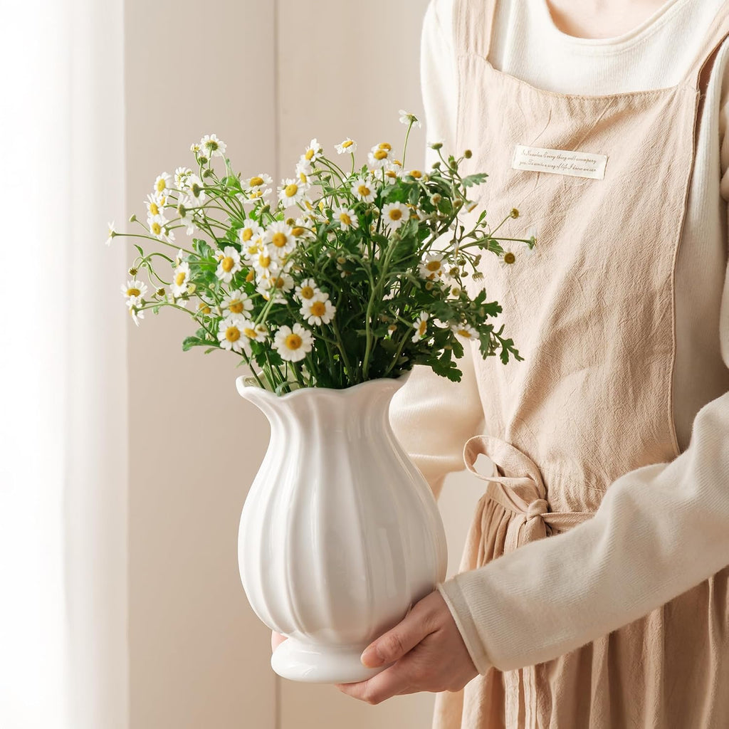 White Ceramic Vase, 7.8 Inch Flower Vase Home Decor Modern Decorative Vases