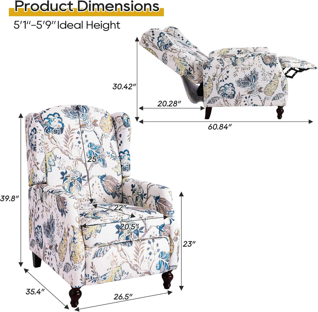 Mid Century Modern Wingback Recliner Chair for Adults, Push Back Upholstered Accent Chair with Floral Fabric, Manual
