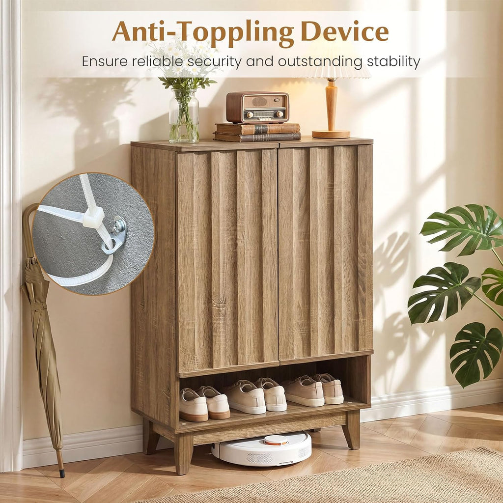 Shoe Cabinet with 2 Fluted Doors, 5-Tier Wooden Shoe Rack Organizer Cabinet with Removable Shelves, Freestanding Shoe