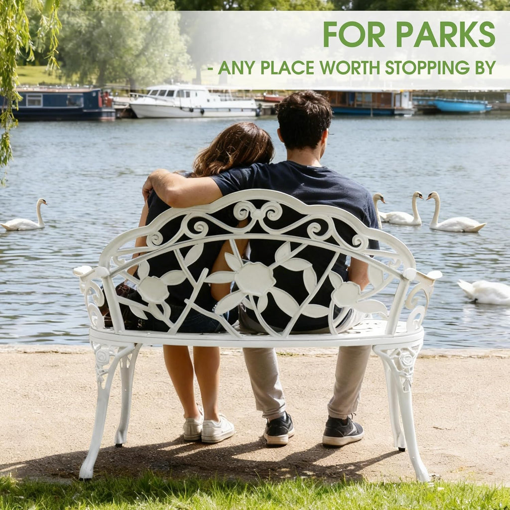 Outdoor Bench, Cast Aluminum Double Seating with Backrest and Armrests, Mental Outdoor Furniture , Porch, Garden