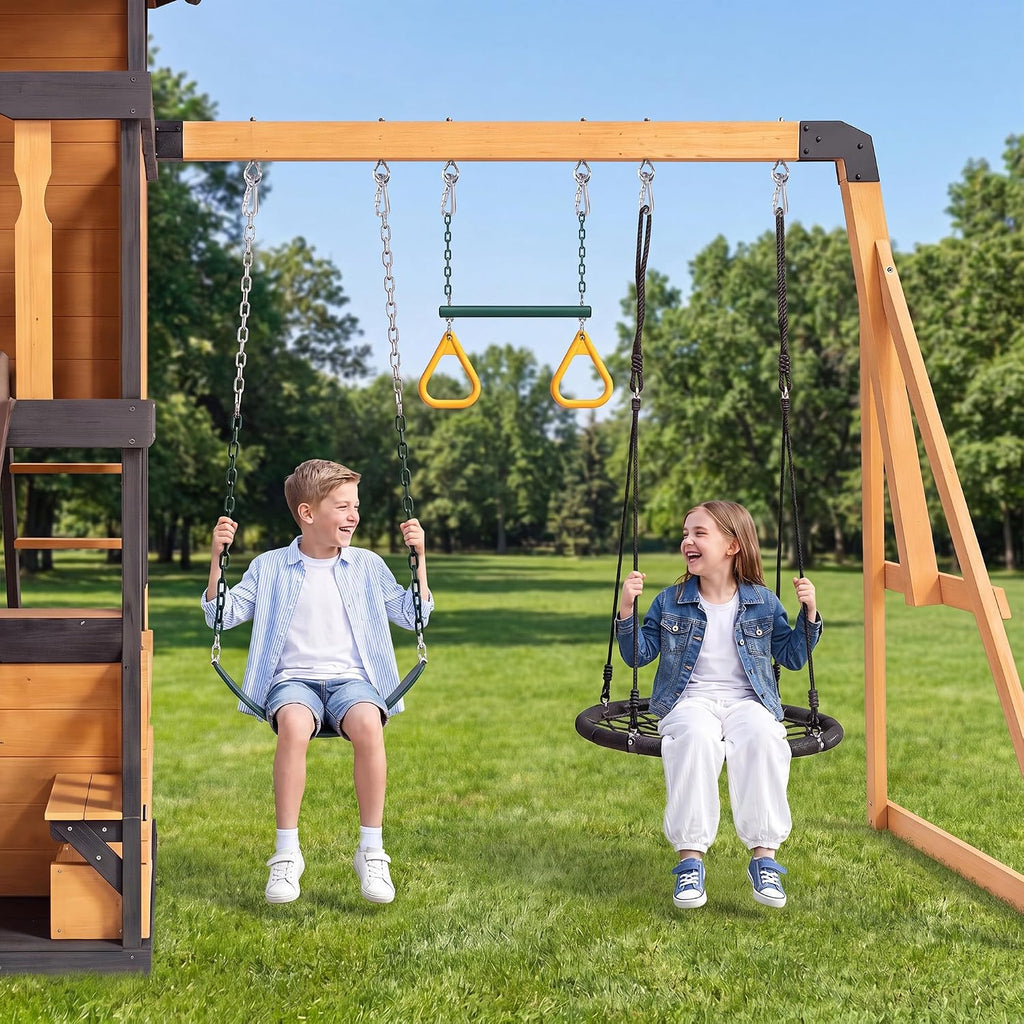Kids Playground Wooden Swing Set Garden Lawn Play House, Natural | Solid Pine, Kids' Playground, ASTM Safety Norms