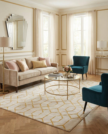 Marilyn MonroeTM Glam Trellis Rug - 6' 1 x 9' White Gold High Pile Rug - Modern Hollywood Glam s, Bedrooms, and