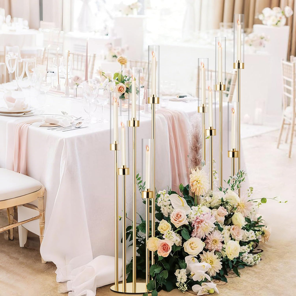 2PCS 42.5In 5 Arm Gold Floor Candelabra, Tall Metal Candle Centerpieces for Tables with Acrylic Lampshade, Home