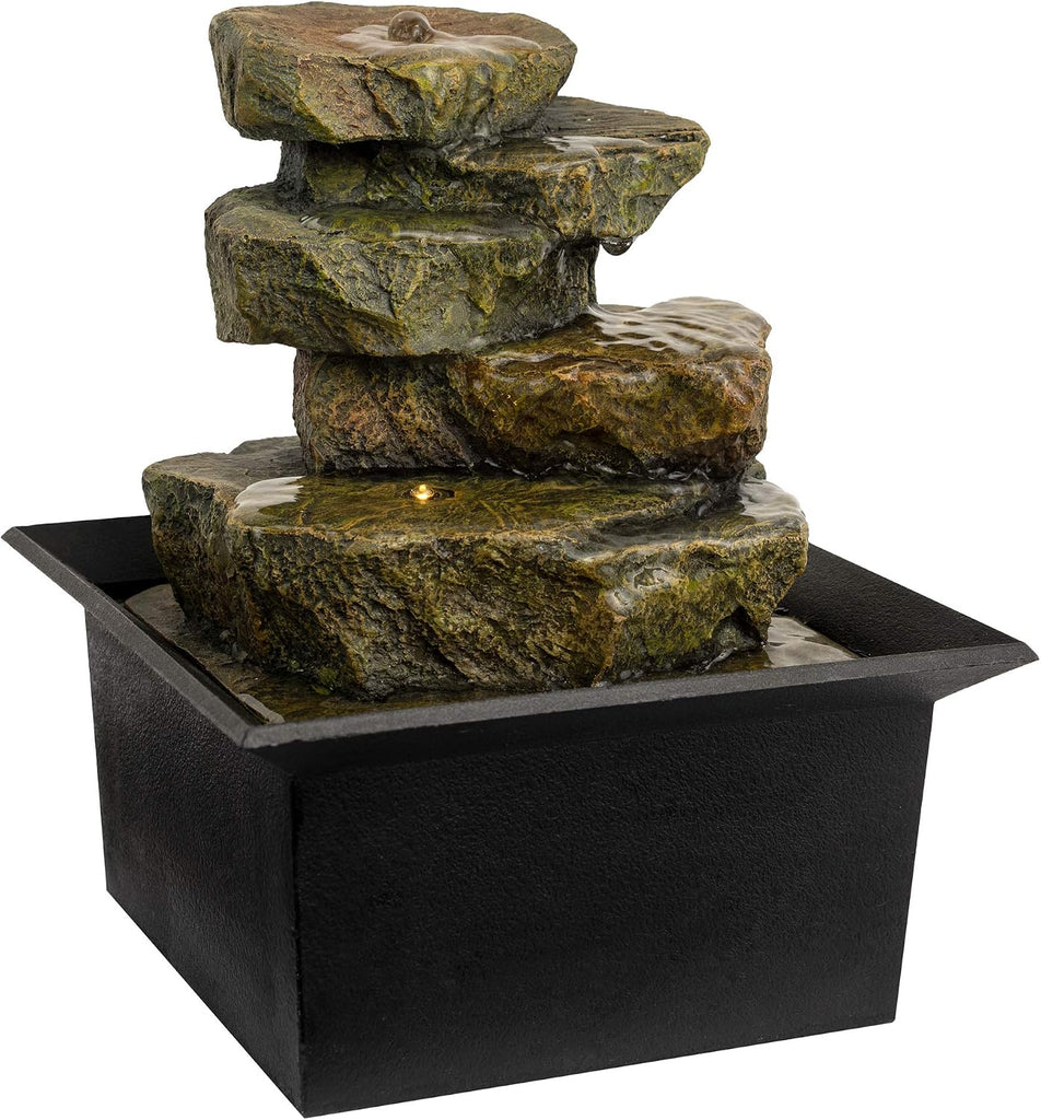 Tabletop Water Fountain- 8” Cascading Rock Formation Waterfall with LED Light, Electric Pump & Soothing Sounds Decor