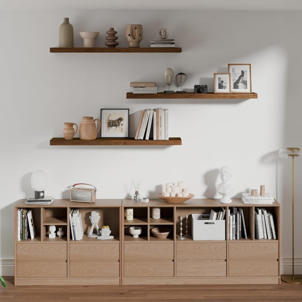 36 Inches Long Walnut Floating Shelves | Rustic Solid Wood Farmhouse Wall Shelves with Invisible Brackets Set of 3
