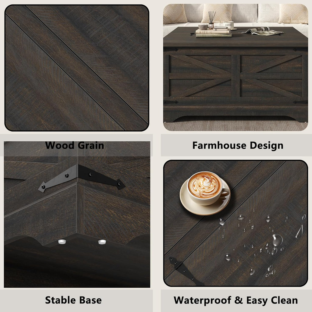 35.5''W Square Coffee Table Farmhouse Lift top Coffee Table with Large Hidden Storage, Wood Center Table, Dark Brown