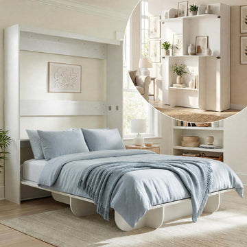 Queen Vertical Wall Murphy Bed with Storage Shelf, White