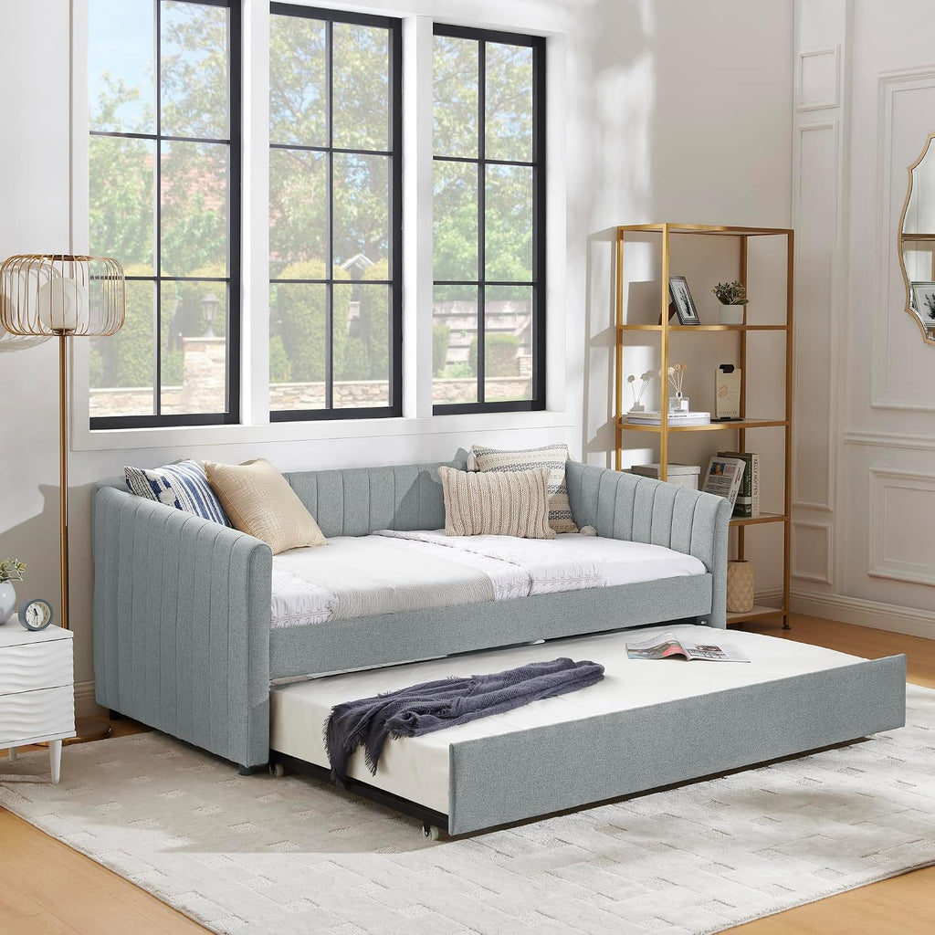 Twin Size Upholstery Daybed with Erectable Trundle and Vertical Stripes, Twin to King Design Extendable Linen Sofa