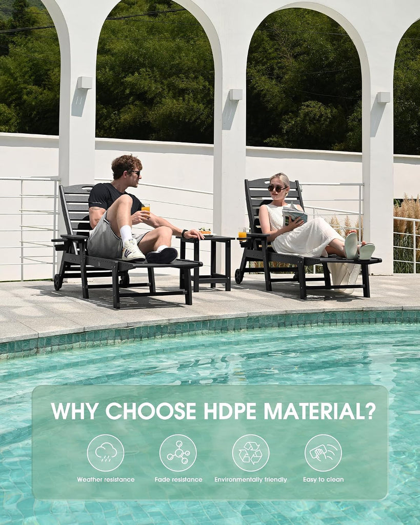 Oversized HDPE Outdoor Chaise Lounge Chair Set of 2, Dark Grey | All-Weather HDPE lounge chair, 5-level adjustable