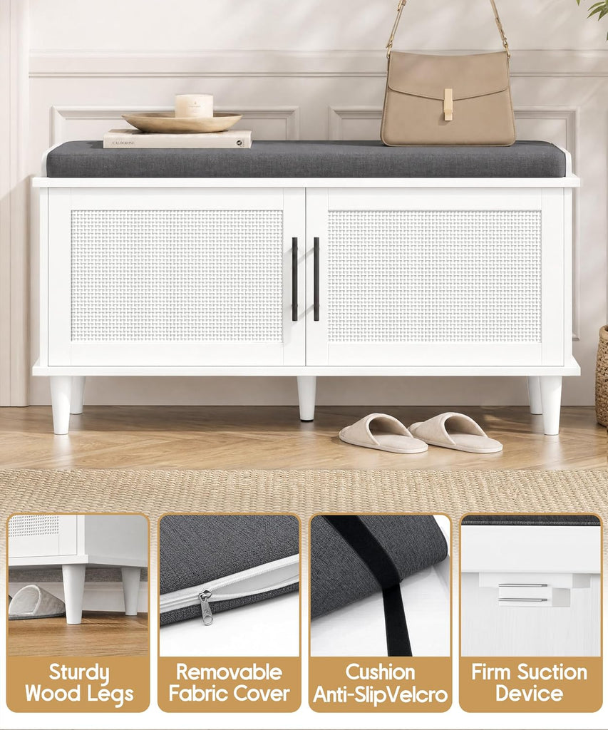 Rattan Shoe Storage Bench with Cushion, 2-Tier Entryway Bench with Adjustable Shelves and 2 Doors, 15" D x 39.4" W x