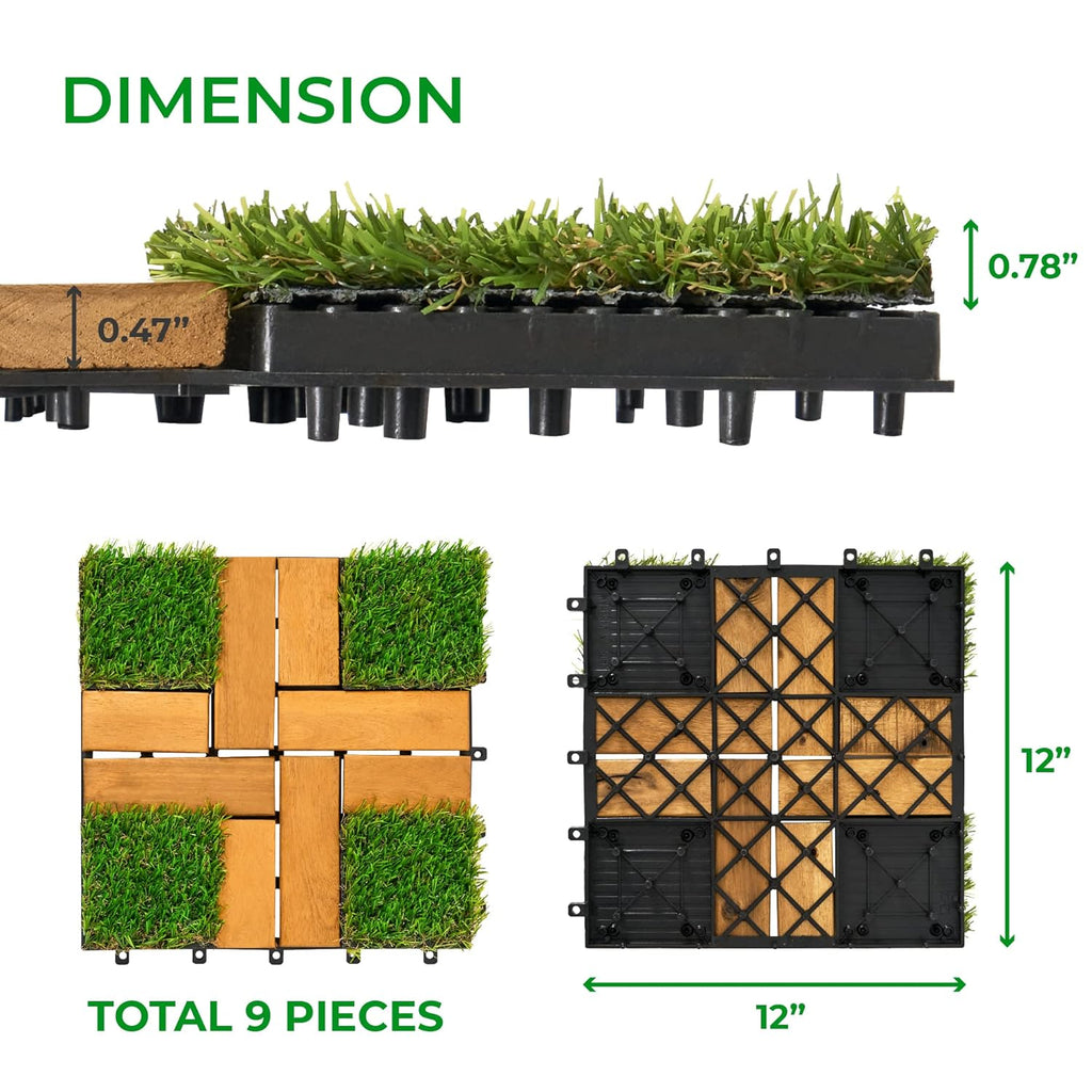 12''x12''0.94" Artificial Grass with Acacia Wood Deck Tiles Home Decor Patio Decor Kitchen Tile - Outdoor Fake Grass
