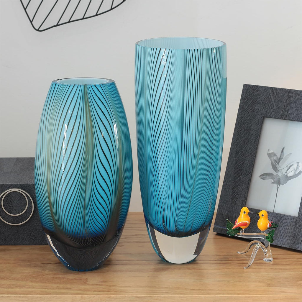 Murano Style Glass Vase Hand Blown Blue Feather Pattern Effect Home De