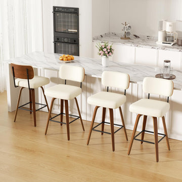 Swivel Bar Stools Set of 4, 26" Faux Leather Upholstered Counter Height Barstools with Back & Bentwood Legs, Mid