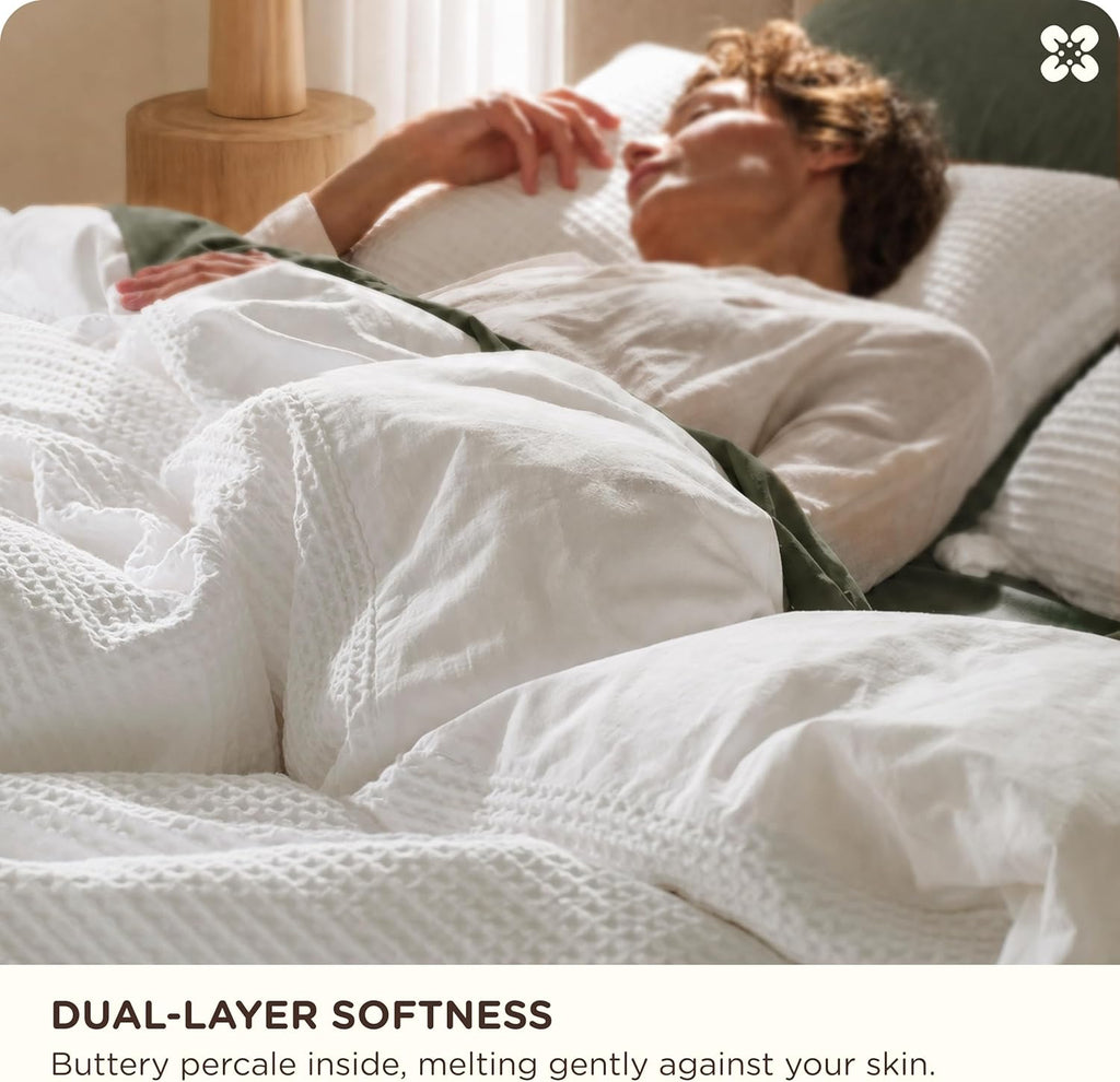 Cotton Duvet Cover - 100% Cotton Waffle Weave Coconut White Duvet Cover, PureWoven Breathable Bedding Set