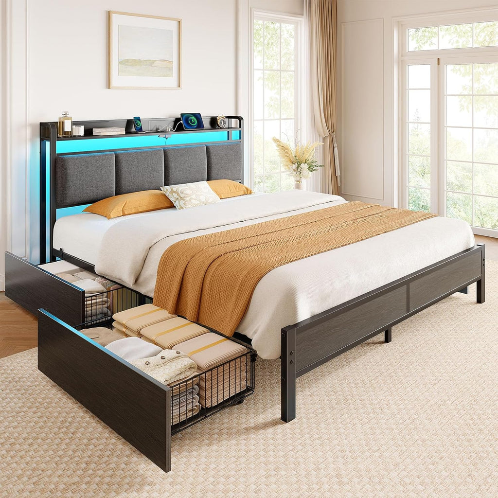 Bed Frame Full with Charging Station and LED Lights, Upholstered Storage Headboard with Drawers