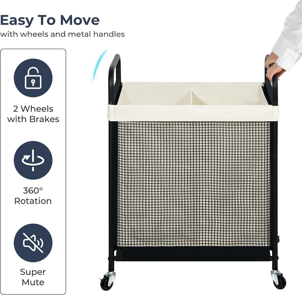 Laundry Hamper 2 Section, 100L Rolling Laundry Sorter Cart with Removable and Washable Liner Bag, Clothes Hamper with