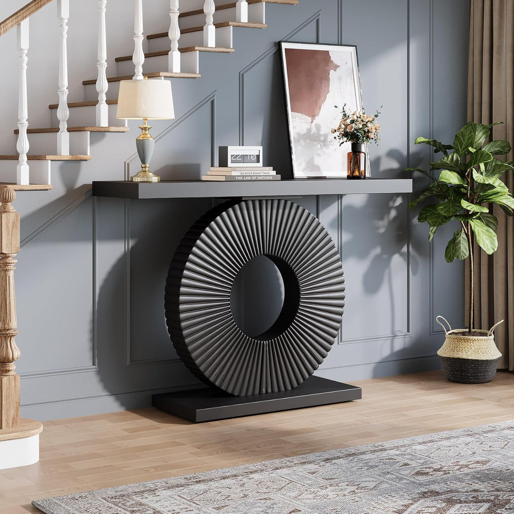 Modern Entryway Console Table, 39 inch Wooden Narrow Sofa Table Behind Couch with Geometric Base, Contemporary Accent