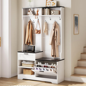 Hall Tree with Bench and Shoe Storage, 6-in-1 Entryway Coat Rack with Flip Drawer Shoe Cabinet, 7 Hooks, 4 Storage