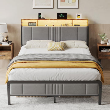 Full Bed Frame with Ergonomic Headboard, Upholstered Metal Platform Bed Full with 2-Tier Storage, Charging Station