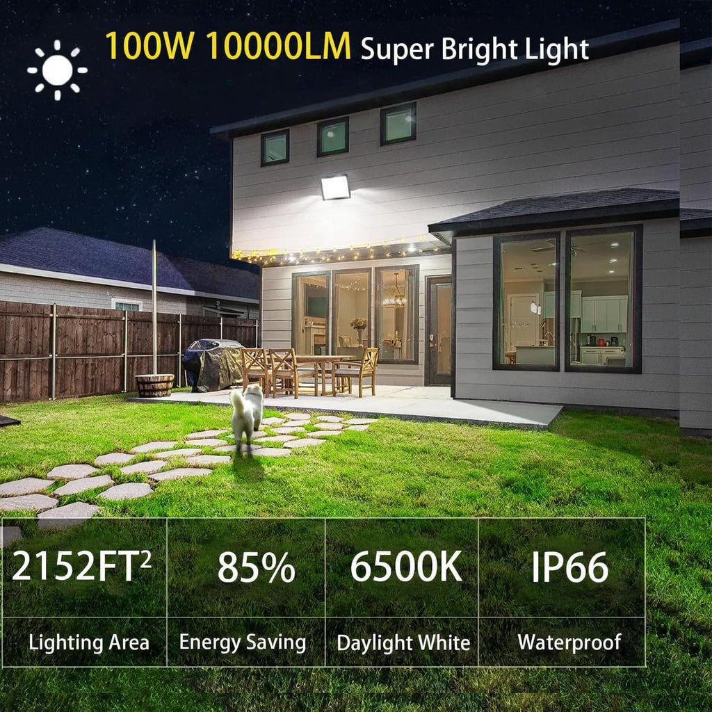 LED Flood Lights Outdoor for Yard Work -100W 10000lm Super Bright LED Work Light with US Plug,6500K Daylight White