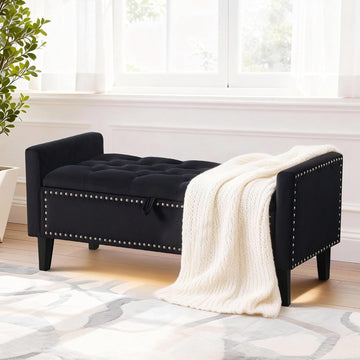 47in Velvet Storage Ottoman Bench with Arms, Upholstered Storage Bench with Wooden Legs, Storage Bench , Black