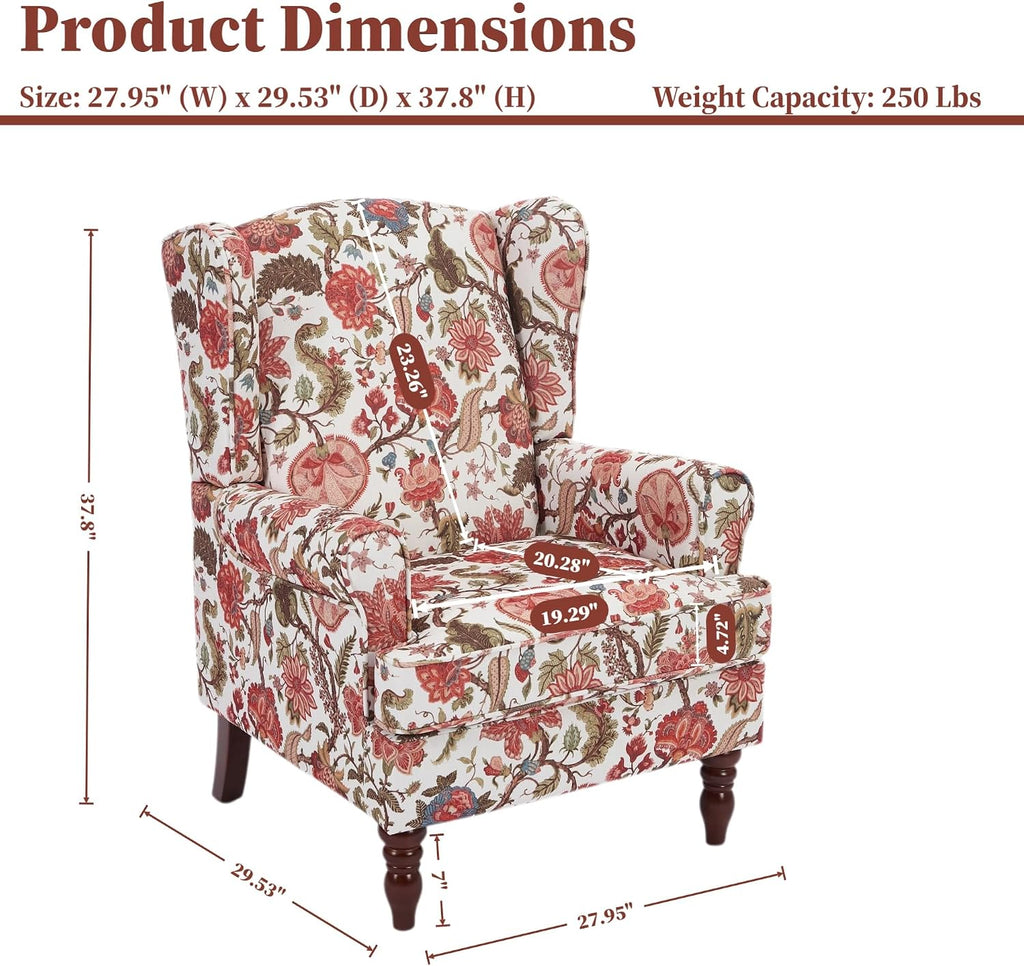 Mid Century Floral Wingback Accent Chair Floral Red | High Back/Retro Wooden Legs/ Breathable Linen Fabric