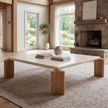 Large Faux Travertine Coffee Table, 47" with Curved Wood Legs