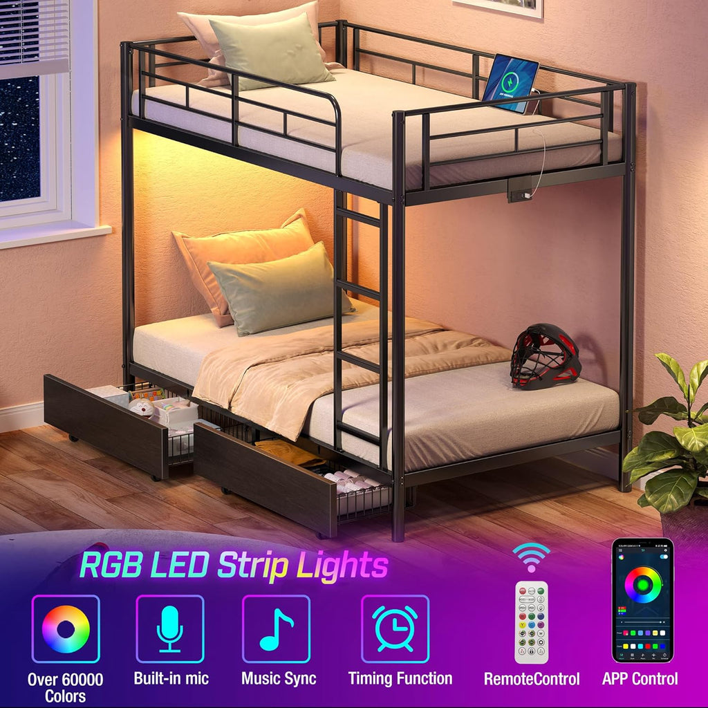 Metal Bunk Bed Twin Over Twin with USB Charging Station, LED Bunk Bed with 2 Storage Drawers