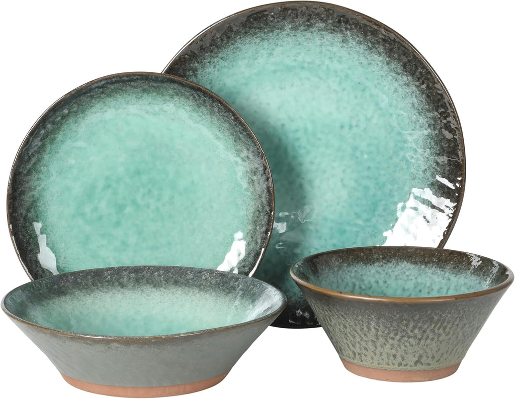 Green Lantern Service for 4 (16 Piece) Double Bowl Dinnerware Set, Teal, Soft Gray, Dinnerware Set