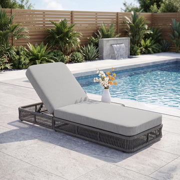 Outdoor Chaise Lounge Chair, 5-Position Adjustable Backrest, All-Weather Grey Woven Rope Recliner with 5 Inch Light